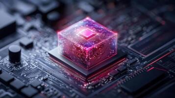 futuristic microchip glowing with vibrant colors, showcasing advanced technology and innovation photo