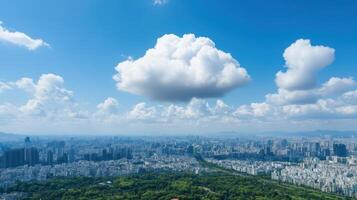 panoramic view of vibrant cityscape bright blue sky with fluffy clouds, showcasing urban photo