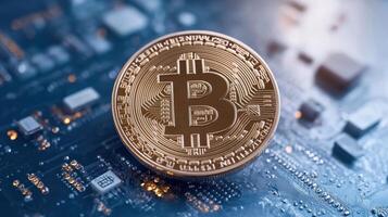 digital currency coin on circuit board symbolizes future of finance photo