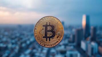 digital representation of cryptocurrency, showcasing Bitcoin hovering over cityscape photo