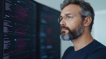 Innovative professional analyzing data on multiple screens in modern workspace photo