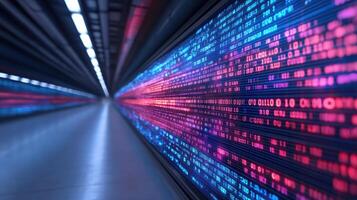 vibrant digital tunnel filled with flowing binary code, representing data transmission and photo