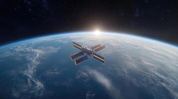 futuristic space station orbits Earth, showcasing advanced technology and solar panels photo