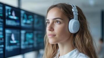 focused individual wearing headphones modern office environment, surrounded by digital screens photo