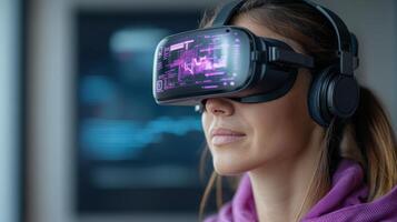 Immersive virtual reality experience with user wearing headset and headphones, engaged fintech photo