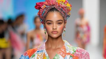 Vibrant fashion showcasing model in colorful attire and striking headwrap photo
