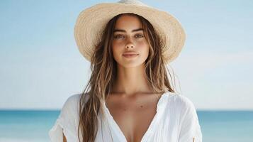 serene beach scene featuring woman white outfit and straw hat, radiating confidence and beauty photo