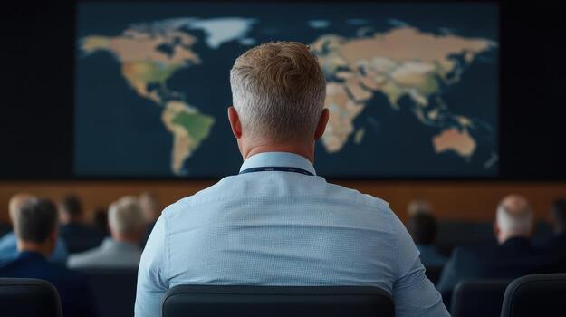 professional audience engaged in global business development summit, focusing on world map photo