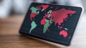 digital world map displayed tablet, showcasing countries red and green, symbolizes global data photo