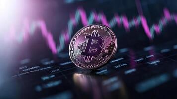 Digital currency coin with market trends and graphs in background, symbolizing investment photo