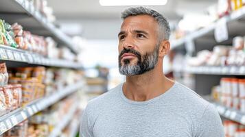 thoughtful shopper examines products in grocery store aisle, contemplating choices photo