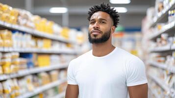 thoughtful shopper in grocery aisle, contemplating choices and prices photo