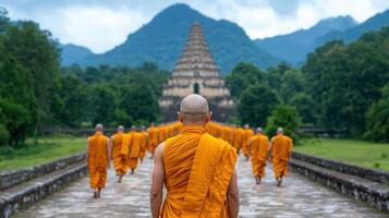 Monks in orange robes walk in serene formation through lush greenery, showcasing tranquility photo