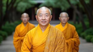 group of monks orange robes walking peacefully through serene garden, embodying tranquility and photo