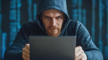 focused individual in hoodie intensely engages with laptop, surrounded by digital elements photo