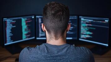focused individual in dark room, working on multiple screens displaying code and data photo