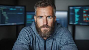 Focused hacker in dark room with multiple screens displaying code and data photo