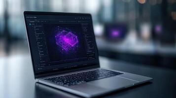 sleek laptop displaying vibrant purple data visualization screen, showcasing modern technology photo