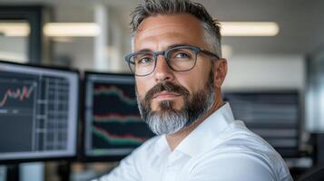Professional man with glasses focused on trading screens in modern office environment photo