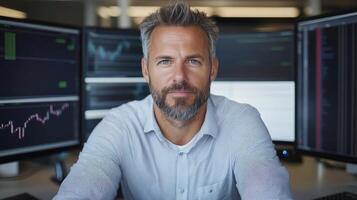 Professional man with beard in front of multiple monitors displaying financial data and charts photo