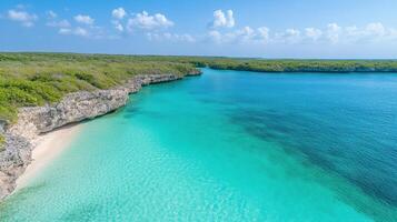 serene tropical lagoon with crystal clear turquoise water, surrounded by lush greenery and sandy photo