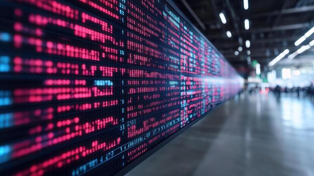 High energy trading floor displaying financial data and graphs in vibrant colors photo