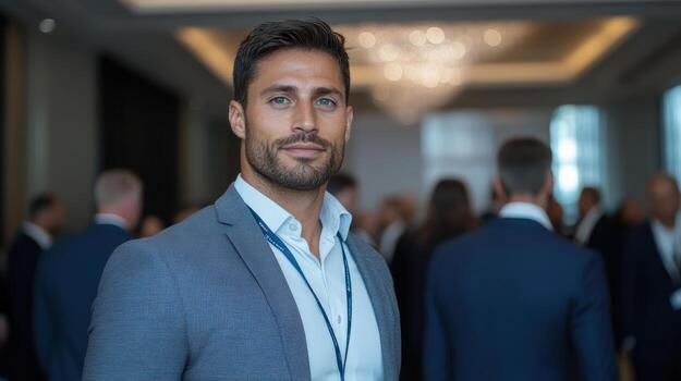 Professional man in suit at networking event, exuding confidence and charm photo