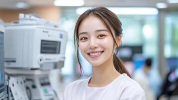 smiling healthcare professional modern medical environment, showcasing advanced technology and photo