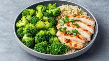 Grilled chicken breast served with quinoa and fresh broccoli creates nutritious meal photo