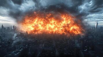 dramatic explosion fills skyline, engulfing city in flames and smoke, creating tense atmosphere photo
