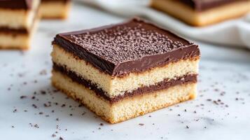 Delicious layered dessert with chocolate frosting and almond flour base, perfect for sweet photo