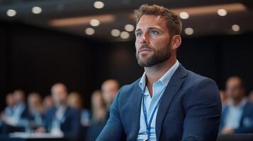 Focused man attending conference, engaged in leadership discussion with peers photo