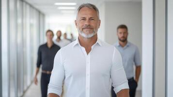 confident leader walking through office with employees following closely behind, showcasing photo