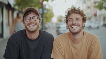 Joyful friends sharing laugh outdoors, capturing moment of happiness and connection photo