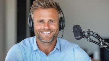 cheerful man wearing headphones smiles while hosting podcast episode in modern studio photo