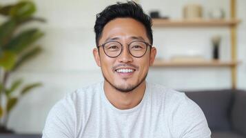 Smiling man wearing glasses in casual setting, exuding warmth and approachability photo