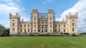 Majestic castle undergoing careful restoration, showcasing its historical architecture and photo
