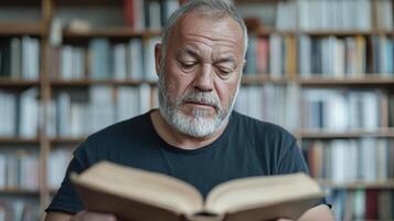 man reading old book in library, deeply focused and contemplative photo