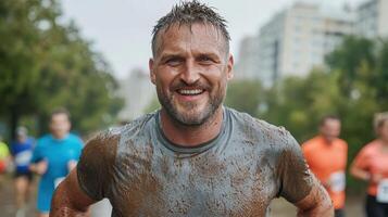 Drenched in sweat, determined runner smiles after completing challenging marathon photo
