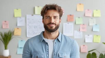 confident man stands front of colorful wall filled with notes, showcasing creativity and photo