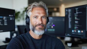 Focused professional with headphones working on multiple computer screens photo