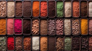 Colorful spices arranged trays showcase vibrant array of textures and hues, evoking culinary photo