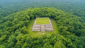 Ancient Mayan temple surrounded by lush jungle greenery, showcasing historical architecture and photo