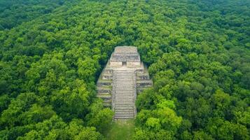 Ancient Mayan temple surrounded by lush green jungle, showcasing its grandeur and historical photo