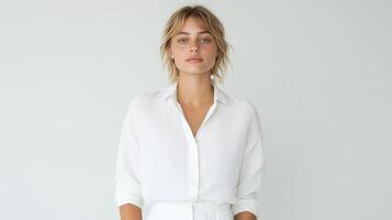 Minimalist fashion portrait in clean white studio, showcasing elegance and simplicity photo