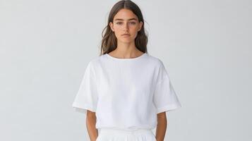 Minimalist fashion editorial featuring model clean white studio, showcasing simplicity and photo