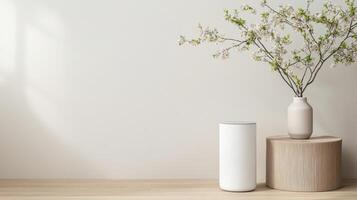 minimalist interior scene featuring white vase with flowers, wooden pedestal, and soft lighting photo