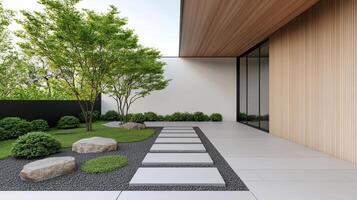 serene minimalist rooftop garden featuring stone pathways, lush greenery, and modern photo