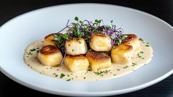 Creamy truffle sauce enhances delicious gnocchi, garnished with microgreens photo