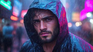 moody cyberpunk street scene featuring lone figure in rain, illuminated by neon lights photo
